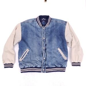 Basic Editions Varsity Jacket Large Denim Bomber Vintage 90s Two Tone Quilted